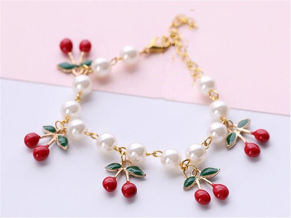 Joyería dulce perlas cuentas cadenas pulsera rojo cereza fruta dijes pulseras collar pendiente para mujeres niñas Gfits B853