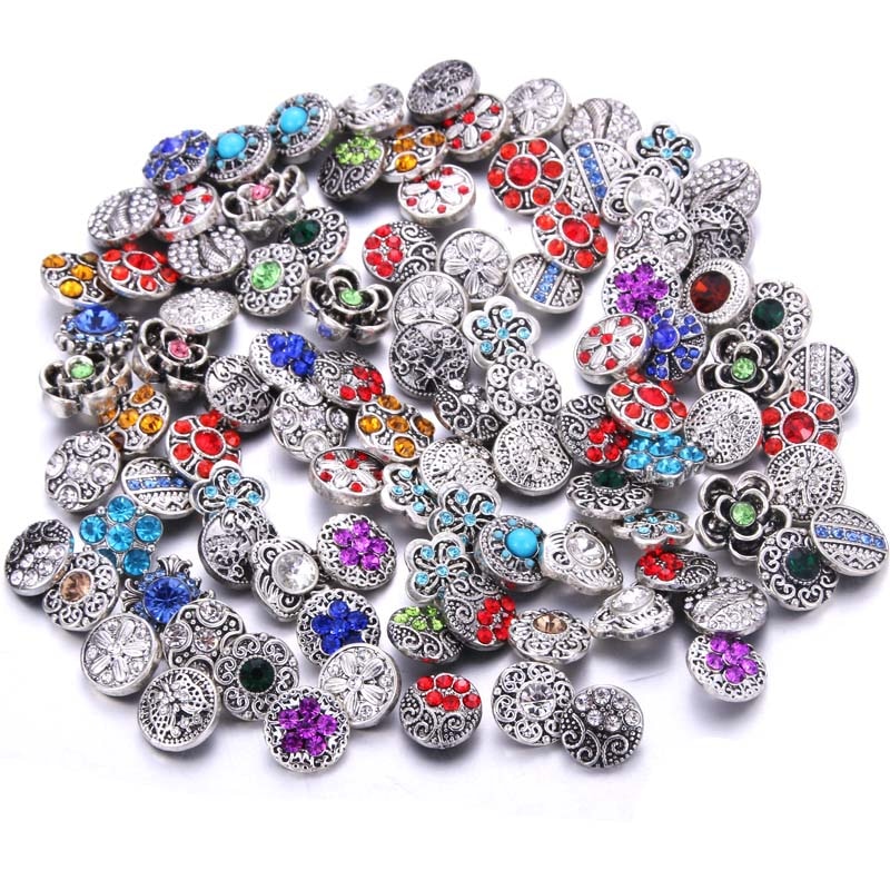 10pcs/lot Mix Style Rhinestone 12mm 18mm Resin metal Snap Buttons Jewelry Fit Charm Bracelets &amp; Bangles For women man