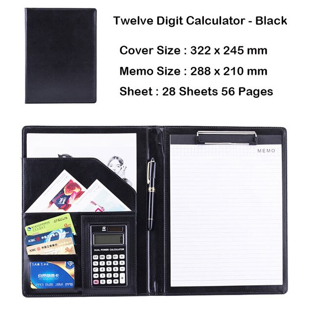 Business Office Folder Multifunctional Office Organizer with Calculator Clip A4 Leather Folder Folder Briefcase Office Supplies: C black