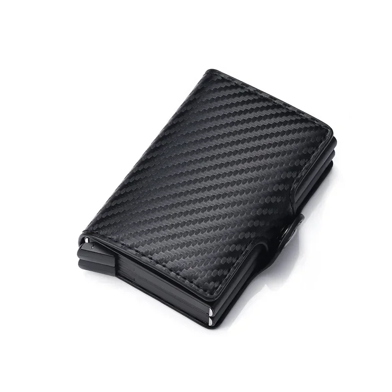 Tarjetero antirrobo para hombre, tarjetero con bloqueo Rfid doble, caja de aluminio de seguridad de cuero, monedero de Metal, tarjetero