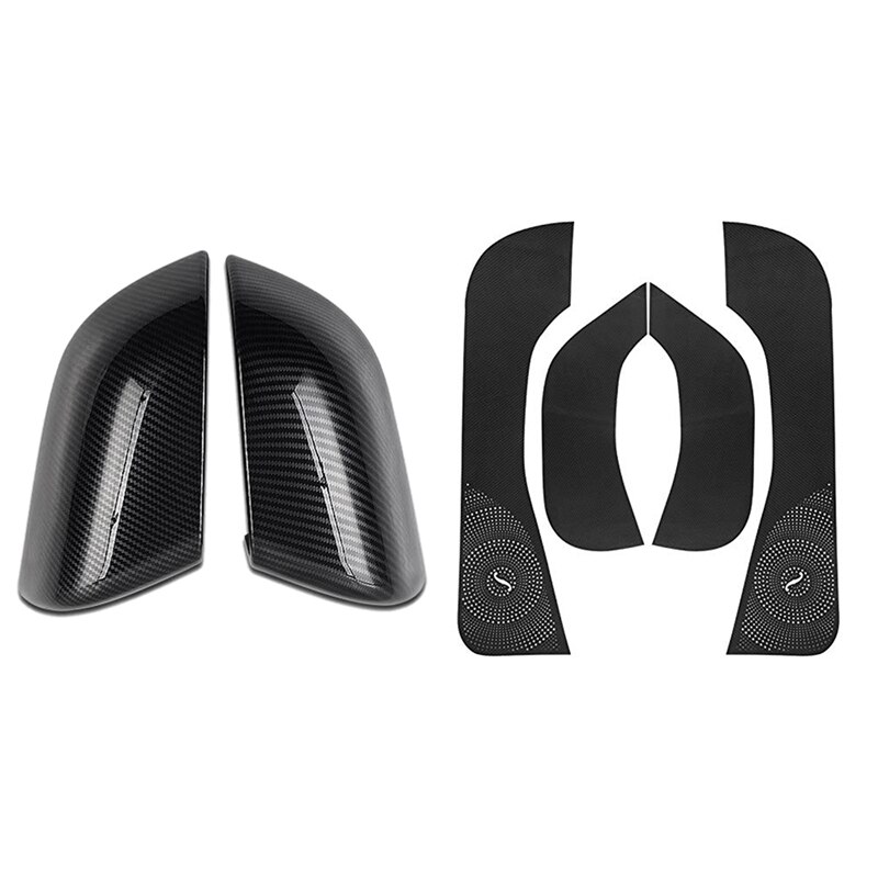 1 paar autospiegelhoezen met koolstofvezellook en 4 stuks anti-schopmatten van leer en koolstofvezel als auto-interieuraccessoires: Default Title