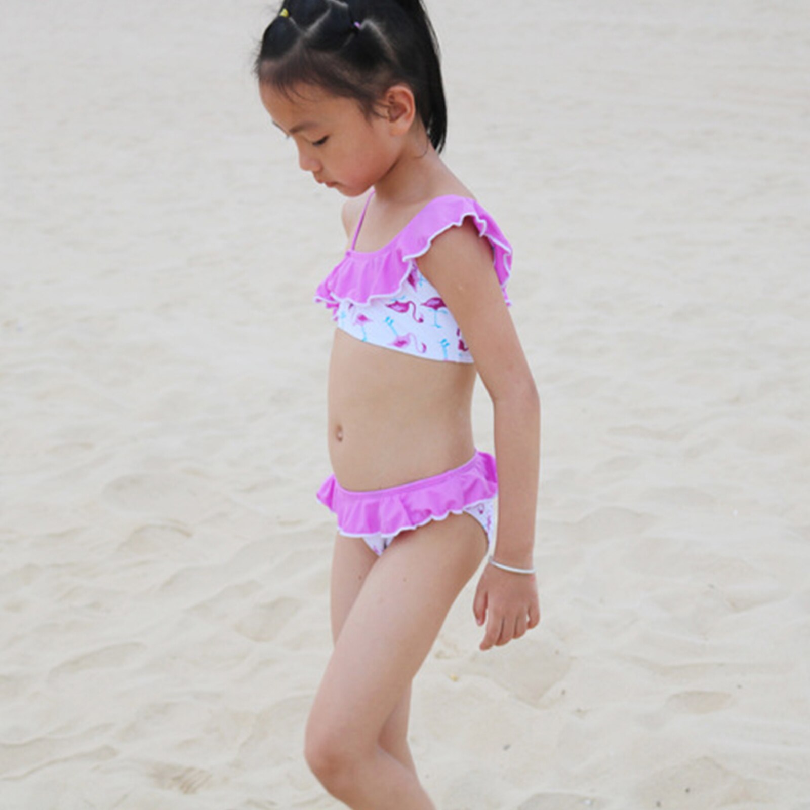 2-14 Years Baby Girl Swimsuit Kids Flamingo Cartoon Split Swimsuit Set Teenager Bikinis One Shoulder Girls Bathing Suit Ruffle