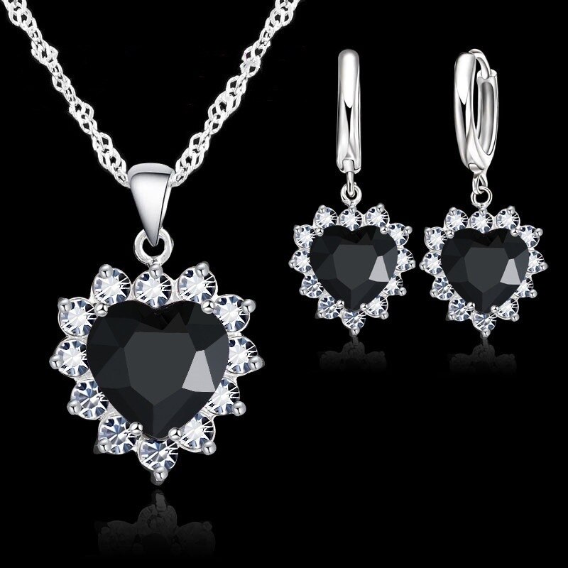 Conjunto de joyería de plata de ley 925 para mujer, colgante de corazón de piedra CZ, collar, pendientes, de cumpleaños: B