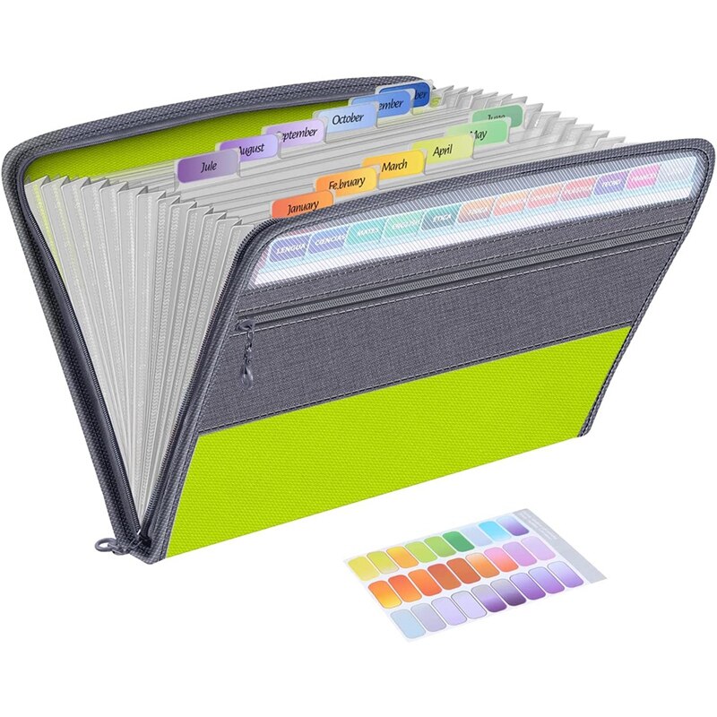 13 Pocket File Folder Storage Rack,File Box Storage Bag,with Zipper, Suitable for A4 Paper, Banknotes,Document Receipt: graygreen