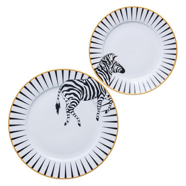2 stk 6 og 8 tommer dyr rund knogle kina tallerken bordsæt of 2 keramisk middag tallerken zebra giraf wallaby antilope: Zebra