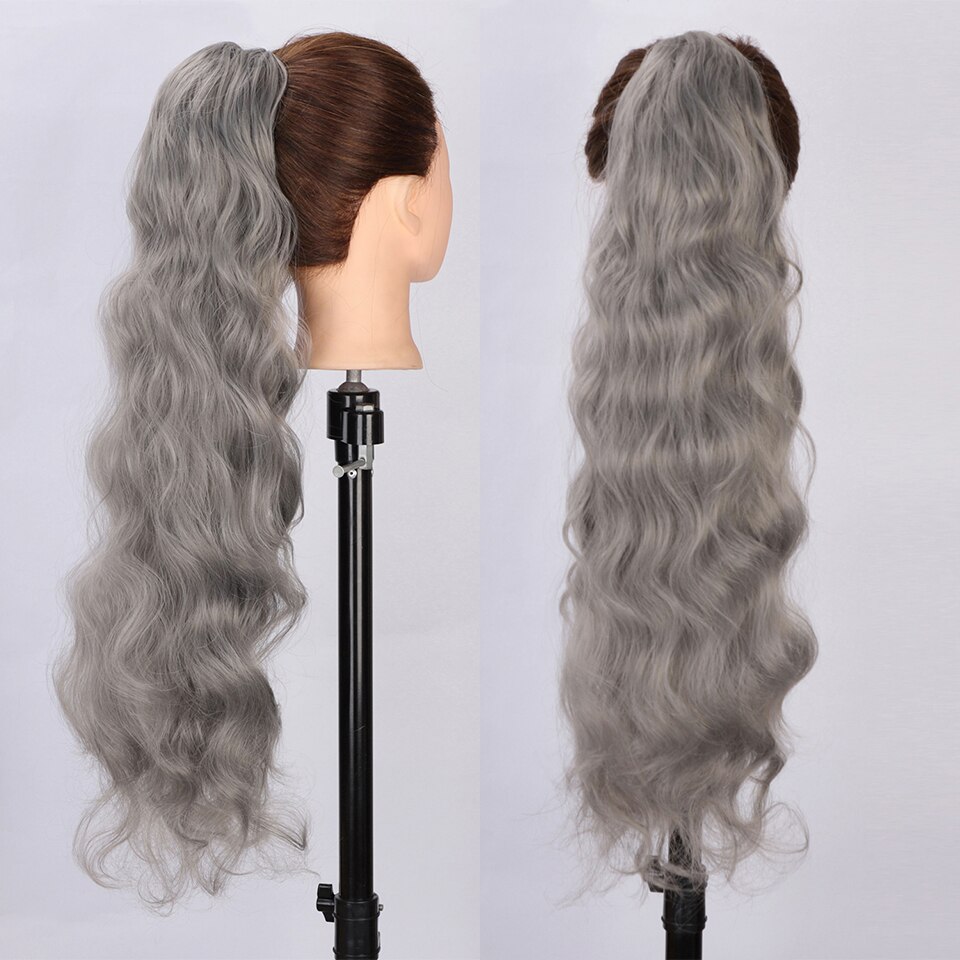 SUe EXQUISITE Synthetic Long Wavy Ponytail Hair for Black Women Gray/Black Synthetic Drawstring Ponytail Clip Hair Extension