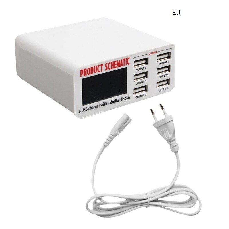 Eu/us/uk plug 6a 6 usb-poort snellader hub wandlaadadapter met lcd-scherm: Default Title