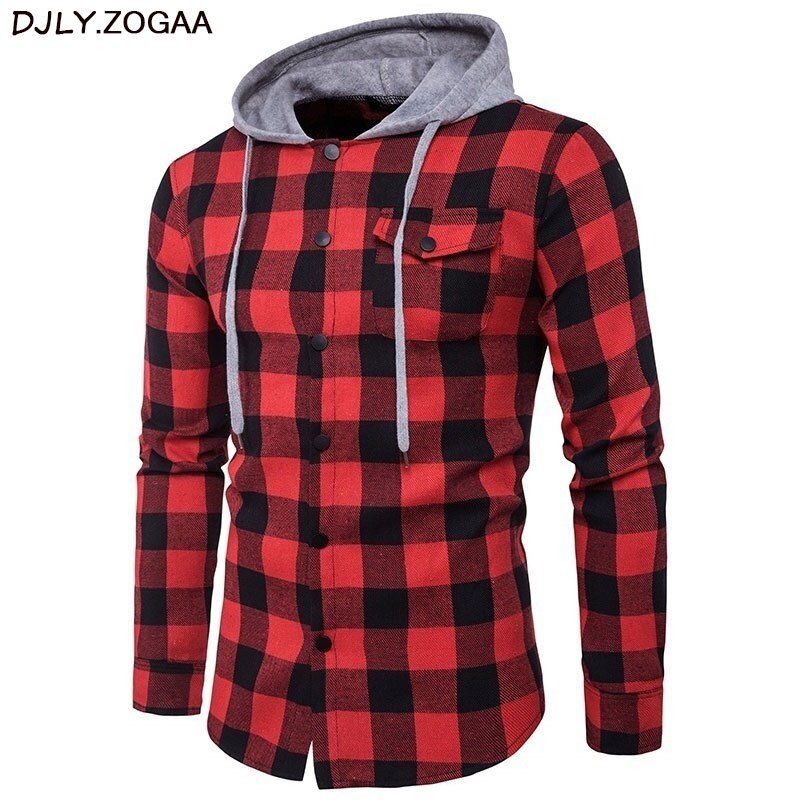 Camisas casuales a cuadros para hombre, camisas ajustadas de manga larga con capucha, estilos de algodón ajustados, ropa de marca para hombre, tops a cuadros cálidos de otoño de talla grande.