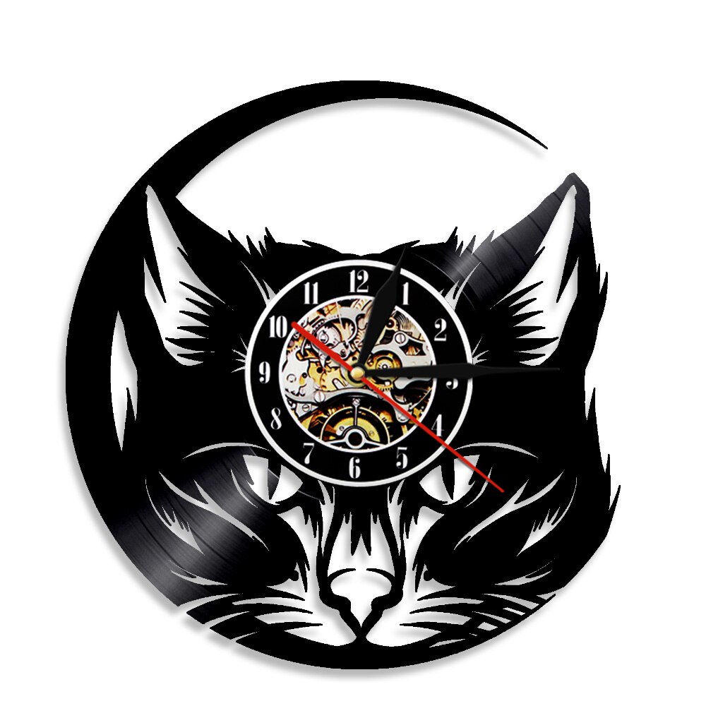 Kitten Head Cat Vinyl Record LP Wall Clock Black Cat Cat Lover Home Decorative Lighting Wall Watch Non-Ticking Glowing Led Lamp: Without LED
