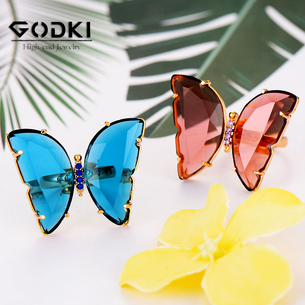 Godki spring handgemaakte vlinderringen voor vrouwen bruiloft verloving kubieke zirkonia ringen vinger accessoires feestband