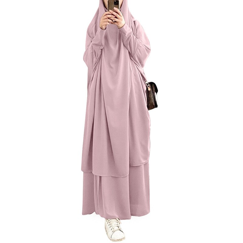 Eid hupullinen musliminaiset hijab mekko rukous vaate jilbab abaya pitkä khimar ramadan puku abayas hame setit islamilaiset vaatteet niqab: Vaaleanpunainen