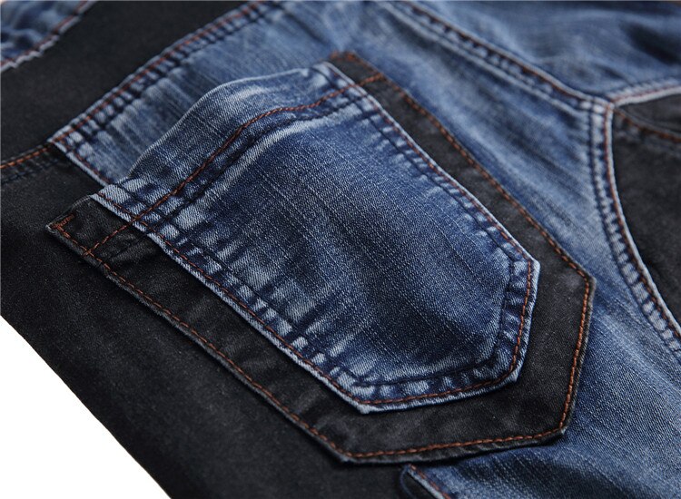 Blauwe denim biker jeans heren masculina straight silm patchwork jeans voor heren jongens motorbroek grote maten