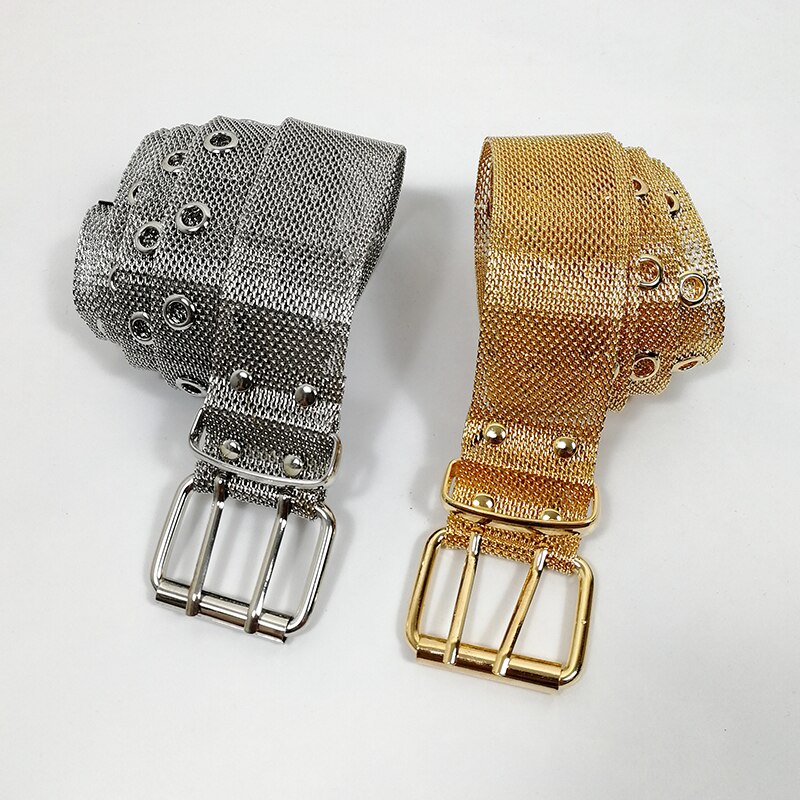 Plus size gold chain belt ladies punk belts for women two row eyelet gothic silver metal ketting riem dress cummerbunds style