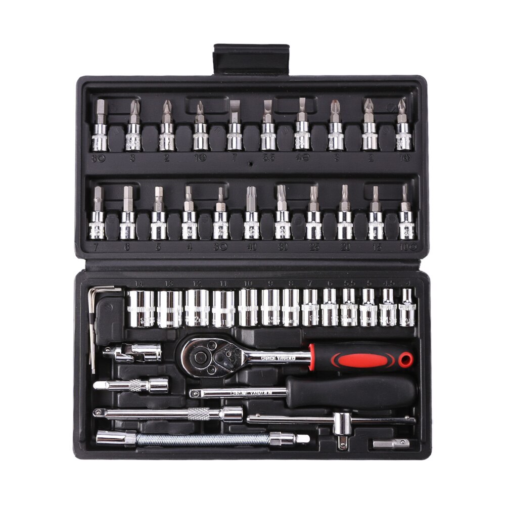 46pcs Socket Ratchet Car Repair Tool Wrench Set Head Ratchet Pawl Socket Spanner Screwdriver Metalworking Tool Kit