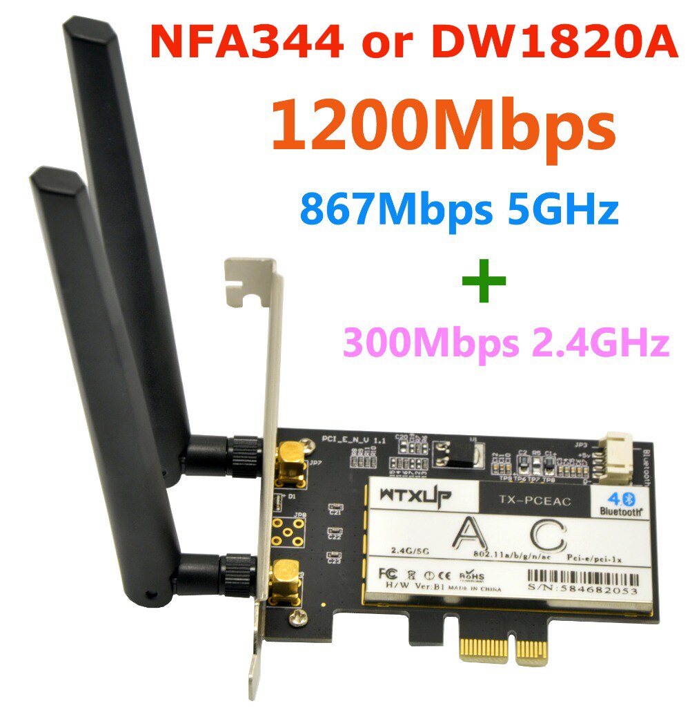 Wtxup qualcomm atheros nfa 344 802.11ac 1200 mbps pci express pöytäkoneen wifi-sovitin langaton pci express -sovitin bluetooth 4.1:lla