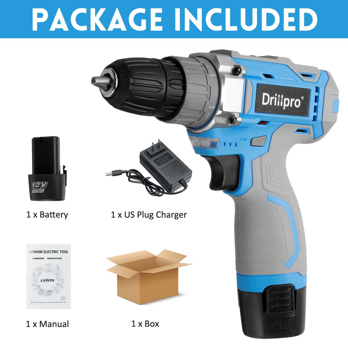 Drillpro-taladro inalámbrico de 12V, 16V, 21V, 10MM, 25 + 1, minicontrolador de potencia, batería de iones de litio, herramientas eléctricas: 12V 1 Battery US