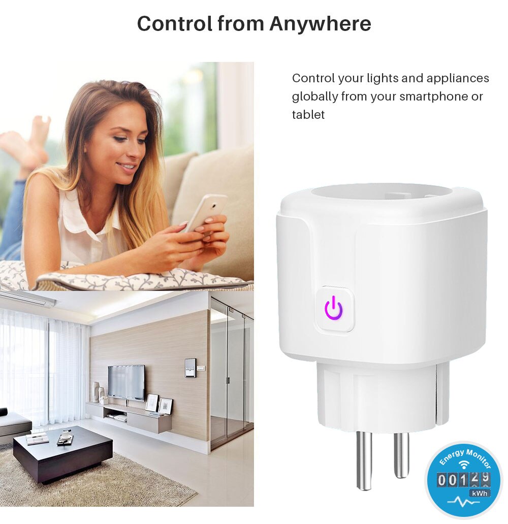16A EU Smart Wifi Power Plug with Power Monitor Smart Home Wifi Wireless Socket Outlet Works with Alexa Google Home Tuya App