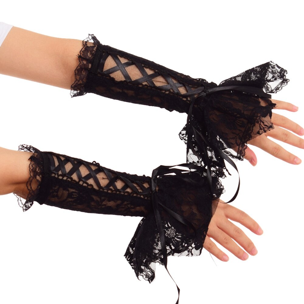 Guantes victorianos de manga de volantes para mujer, manoplas de encaje negro, ropa de mano, muñequera