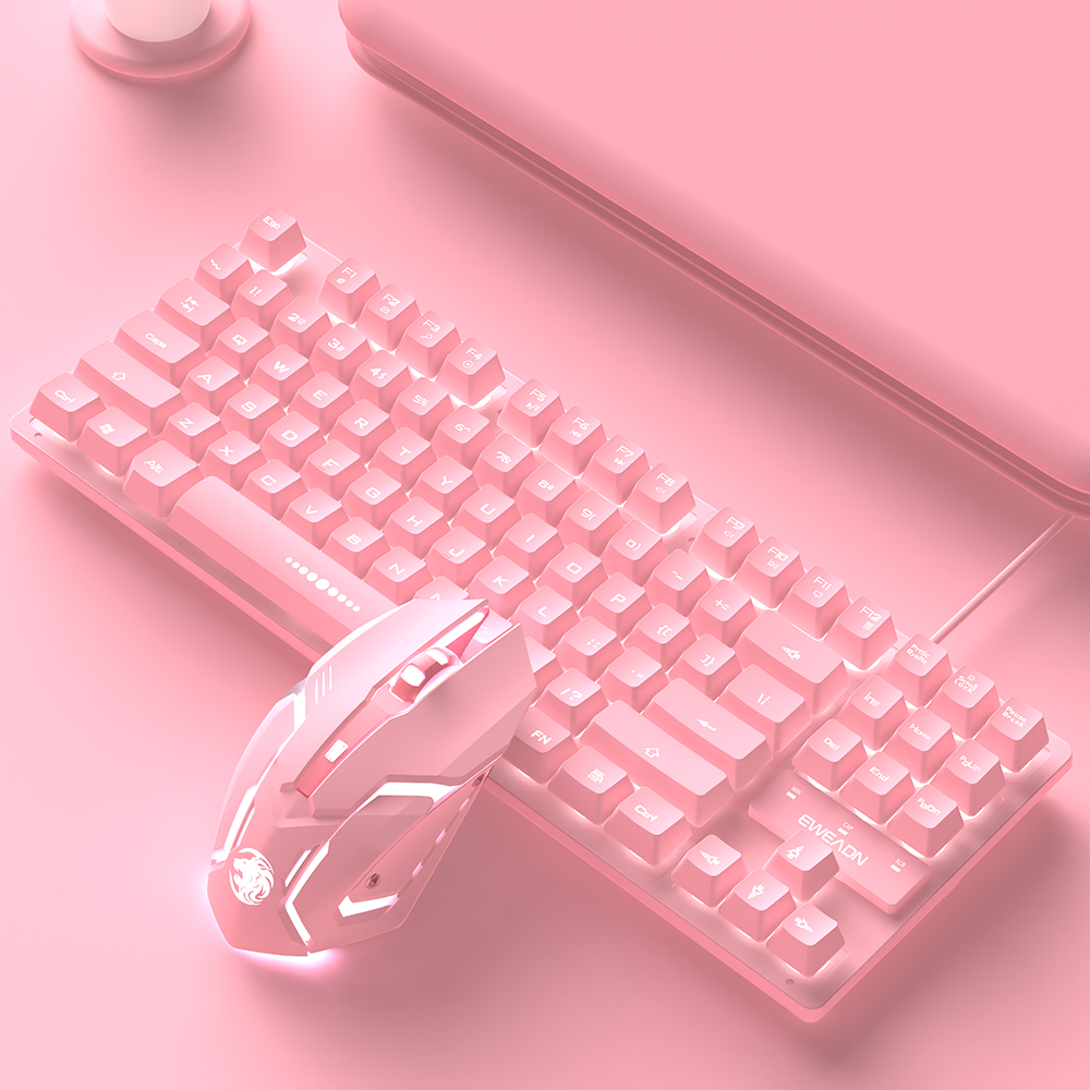 keyboard and Mouse set Wired Desktop Computer Game Gaming 87-key Girl Cute Pink Mute Office Notebook Keyboard: 87 Keys 2 in 1