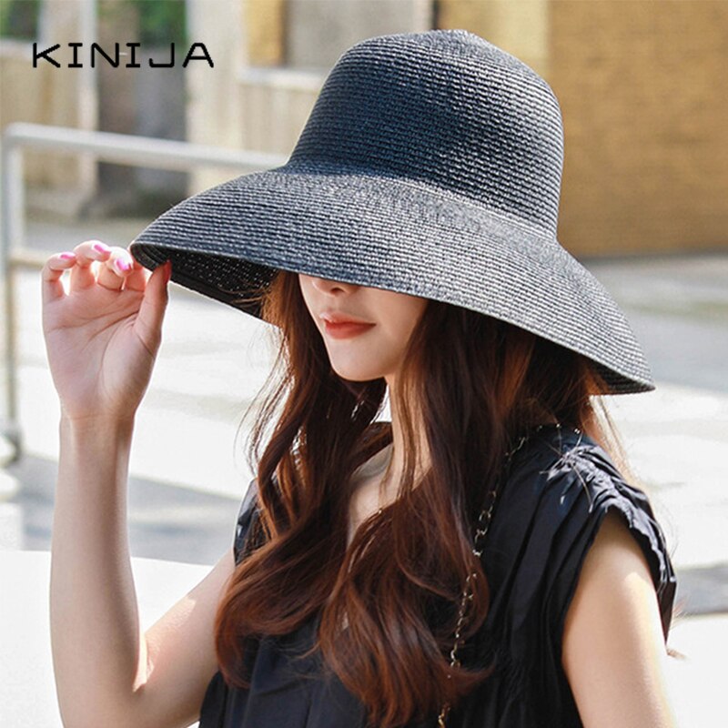 Hepburn Zomer Zonnehoed Dames Solid Plain Elegante Brede Rand Hoed Ronde Top Uv Bescherming Floppy Stro Strand Hoed Panama chapeau