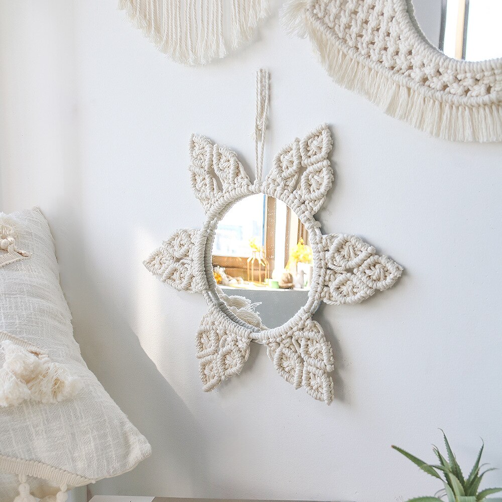 Espejo de pared colgante con flecos de macramé, redondo, bohemio, decoración artística para apartamento, sala de estar, dormitorio de bebé, guardería, entrada: 05