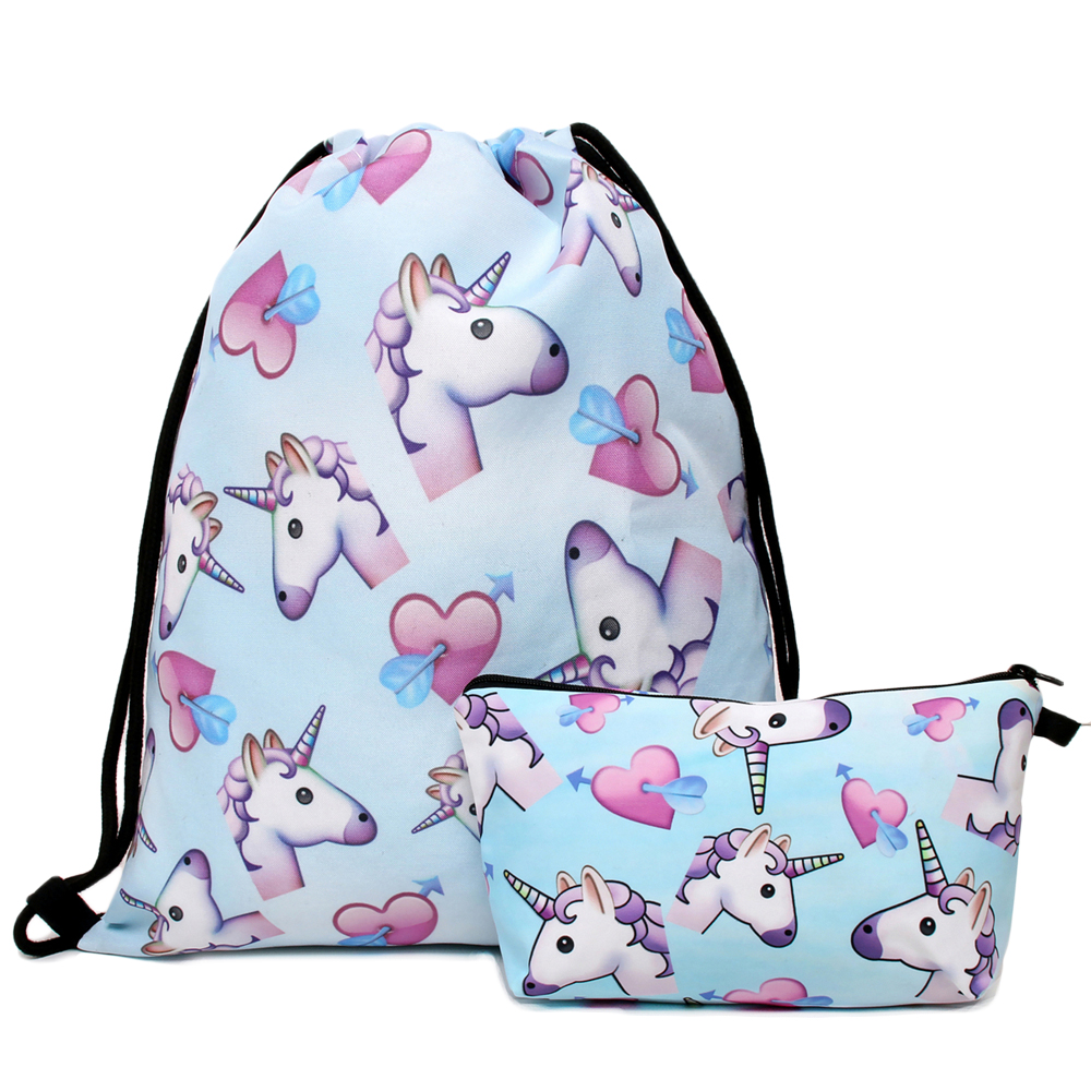 Deanfun 3 pièces/ensemble sac à dos licorne impression mignon épaule cordon cartables filles