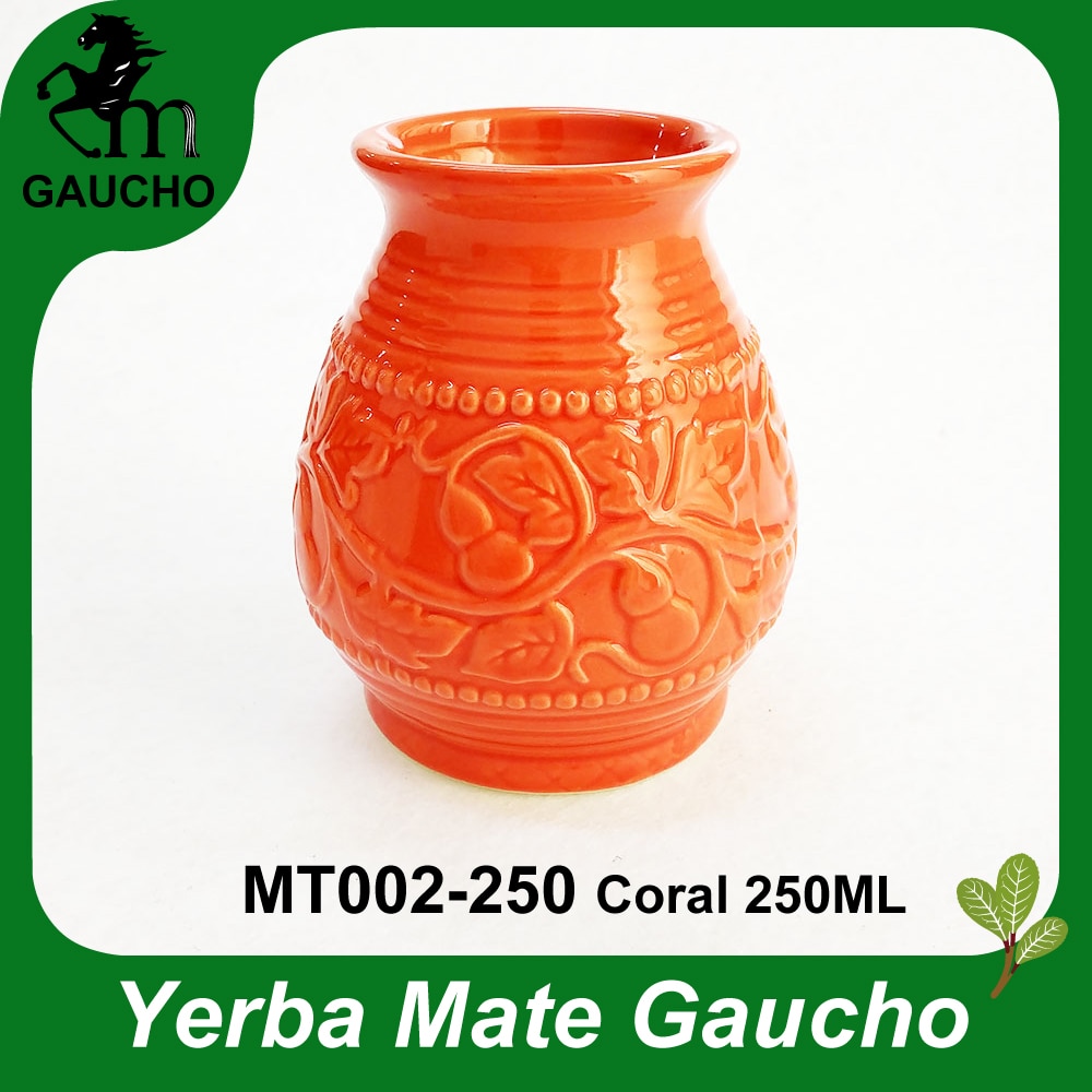 1 stuk/partij delicate argentijnse yerba mate keramische kopjes calabaza met reliëf calabashpatroon, verkoop  mt002-250 koraal