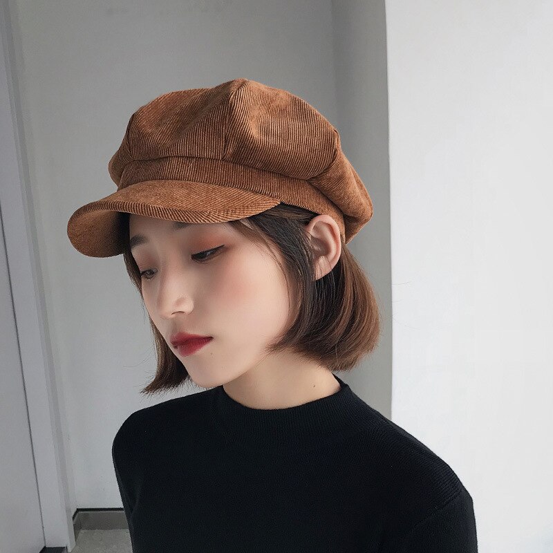 Otoño mujer gorra octogonal de pana de Color sólido gorro octogonal otoño cálido sombreros boina retro quiosco
