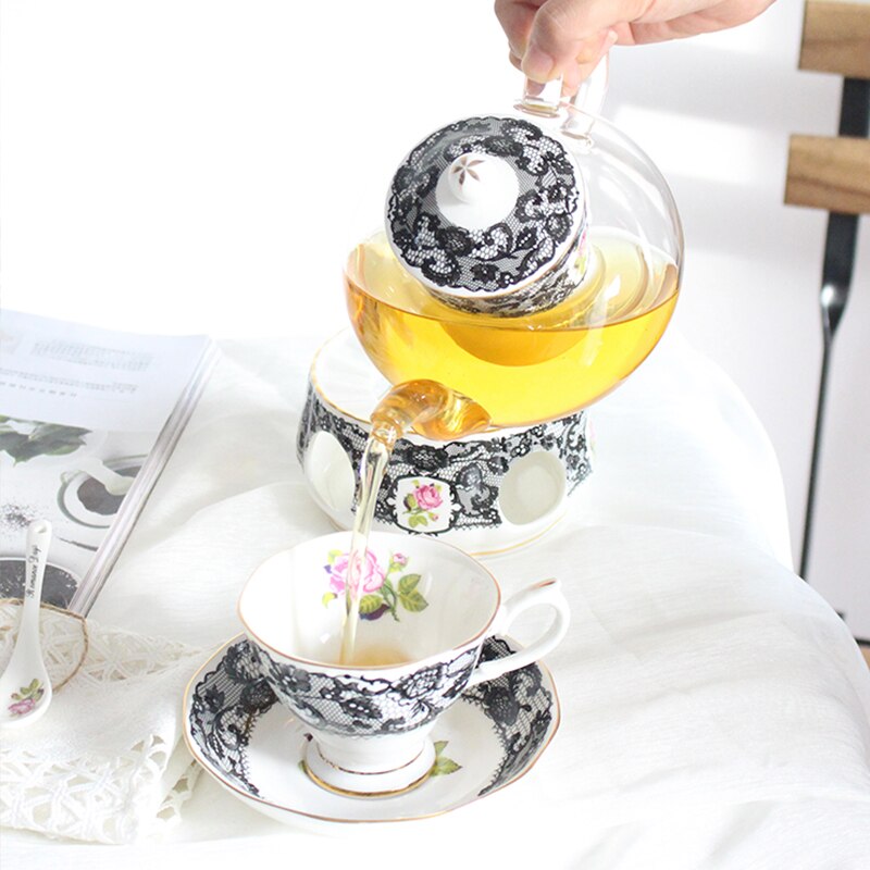 British Afternoon Tea Coffee Cup Set Bone china Cake pan Heat-resistant Glass Teapot Heating Flower Tea set Kitchen Accessories
