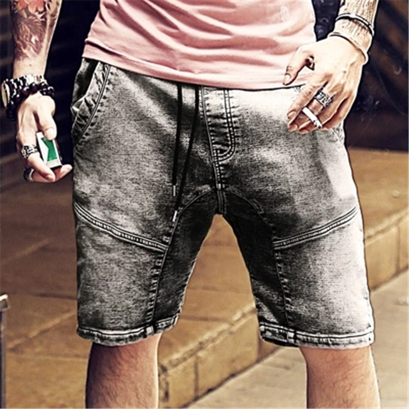 TANG Casual Shorts for Men Elastic Waist Gray Washed Old Men's Denim Shorts Male Cowboy Short Pants