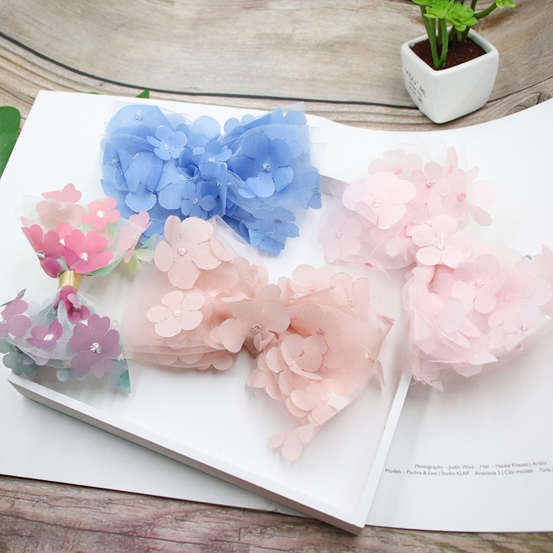 Mooie 3D Opknoping Bloem Mesh Hair Bows Kleurrijke Gradient Regenboog Kleur Haar Clip Prinses Haarspelden Hairbow Haaraccessoires