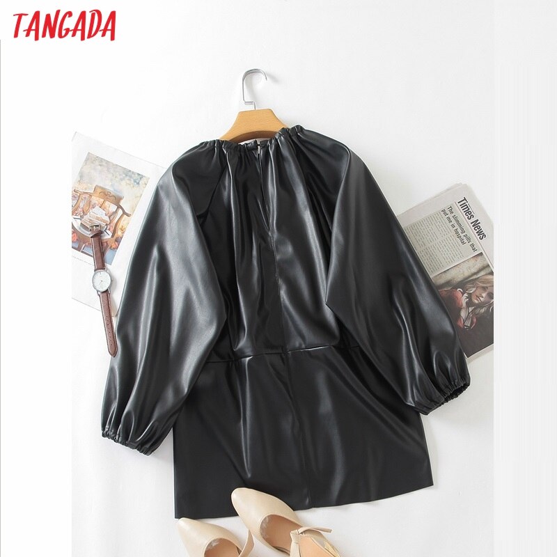Tangada kvinder oversized patchwork pu læder skjorte tilbage knap chik kvindelig afslappet løse toppe blusas 3 w 206