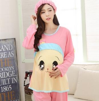 Spring Cotton Pajamas Cotton Feeding Home Furnishing Maternal Lactation Month Long Sleeved Suit Suit Mushroom Head: Blue / M