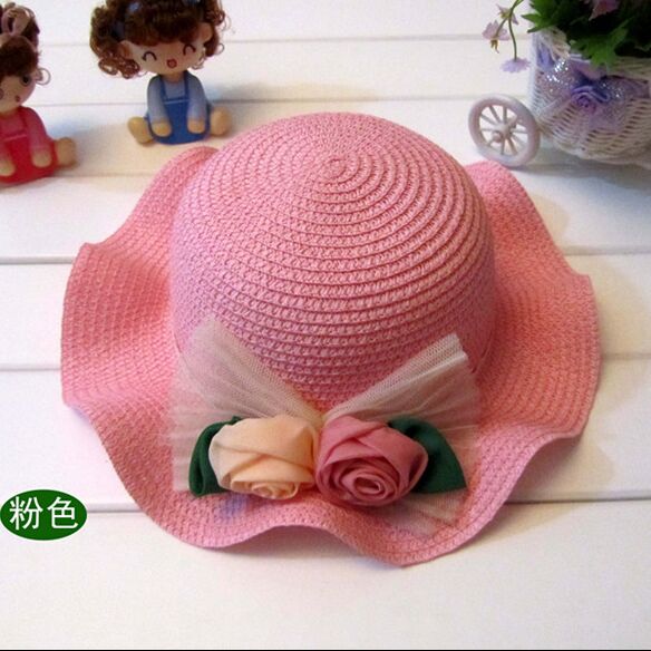 Sun Hats For Girl Summer Children Flouncy Straw Hat Two Roses Bud Silk Caps: Pink