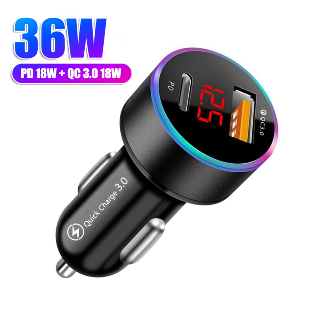 18W Pd + 18W Qc 3.0 Autolader Digitale Display Auto Adapter Quick Charge 3.0 Usb Type-C Pd Snelle Telefoon Oplader In De Auto Voor Iphone 12