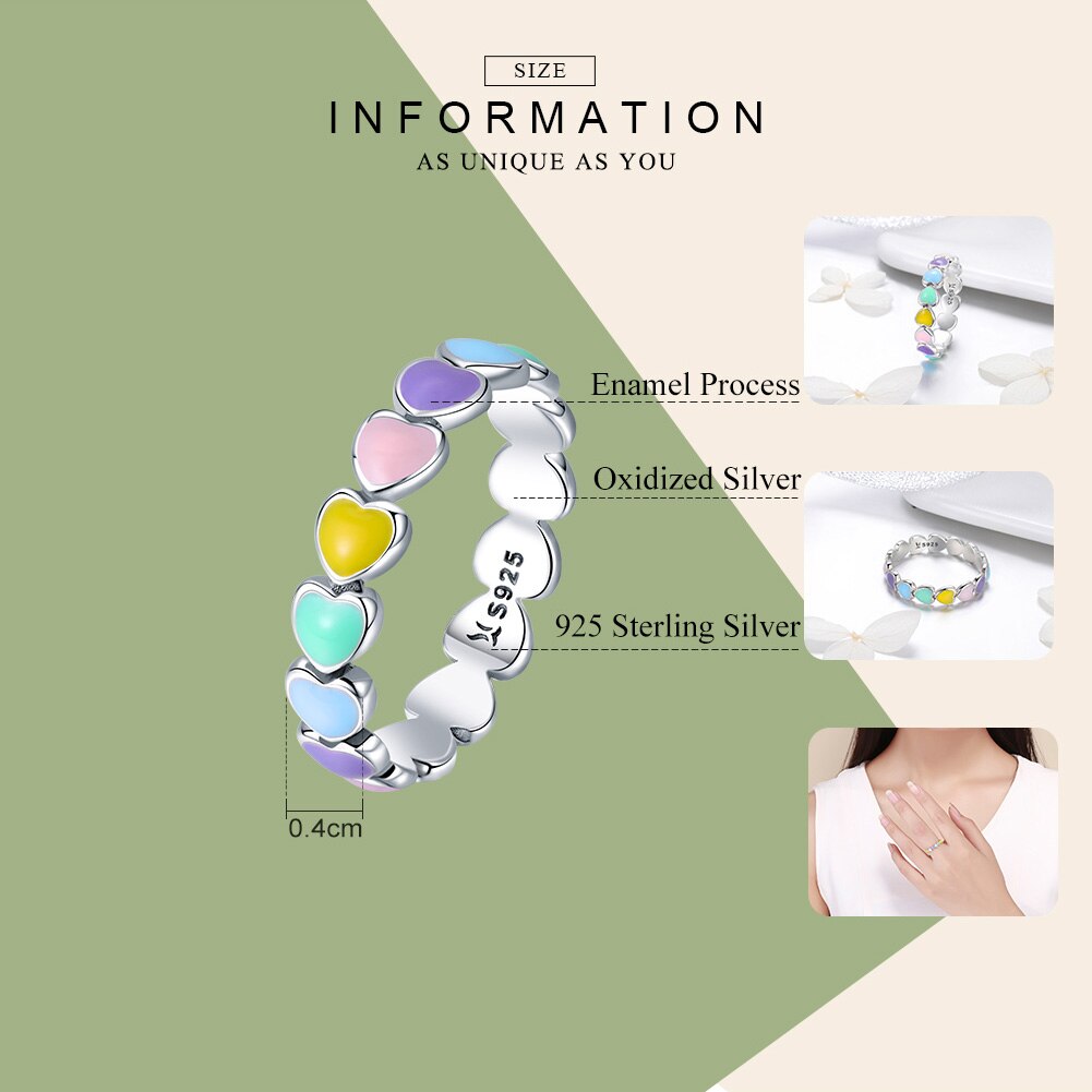 WOSTU 925 Sterling Silver Multi-Color Rainbow Heart Finger Rings For Women Anniversary Ring Jewelry CQR444