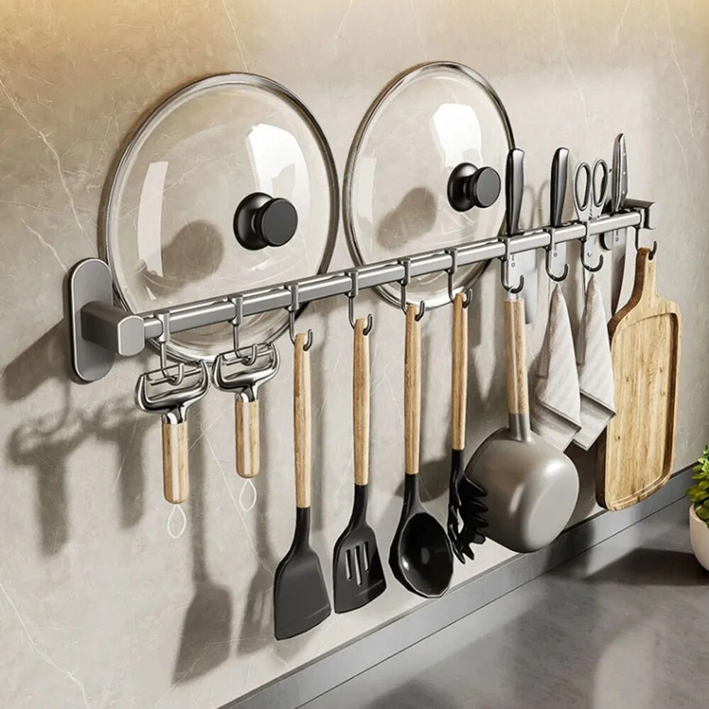 Ganchos organizadores de cocina, colgadores de pared, estante para utensilios de cocina, soporte para cuchillos, tabla de cortar, tapa de cuchara, accesorios de almacenamiento sin taladro