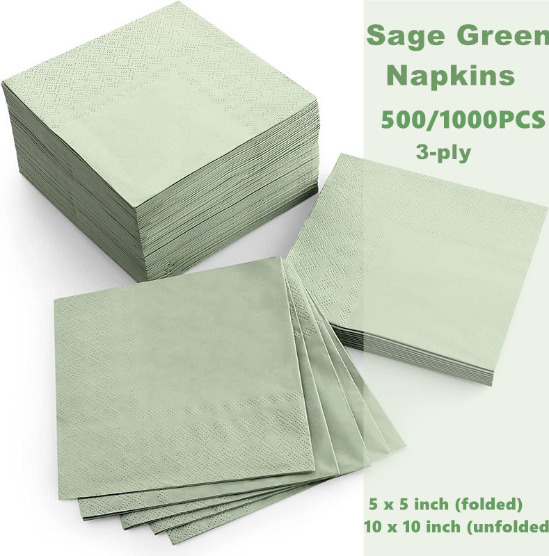 Sage Green Paper Cocktail Napkins Disposable 3 Ply Beverage Embossed Wedding Soft for Birthday Dinner Party Bridal Shower