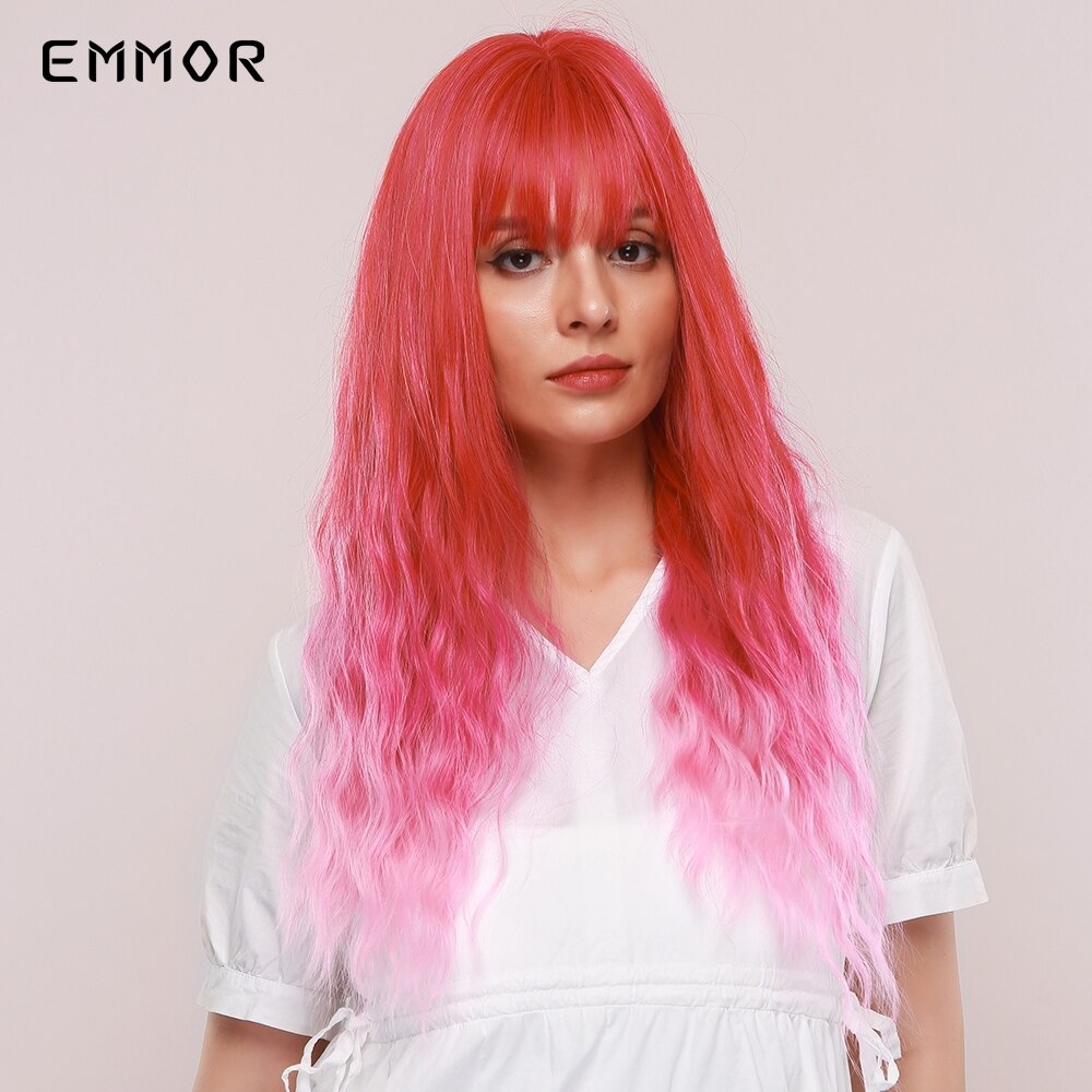 Emmor lange roze ombre watergolf synthetische haarpruiken met pony, hoge temperatuur vezel, kleurrijke cosplaypruik voor coole meiden