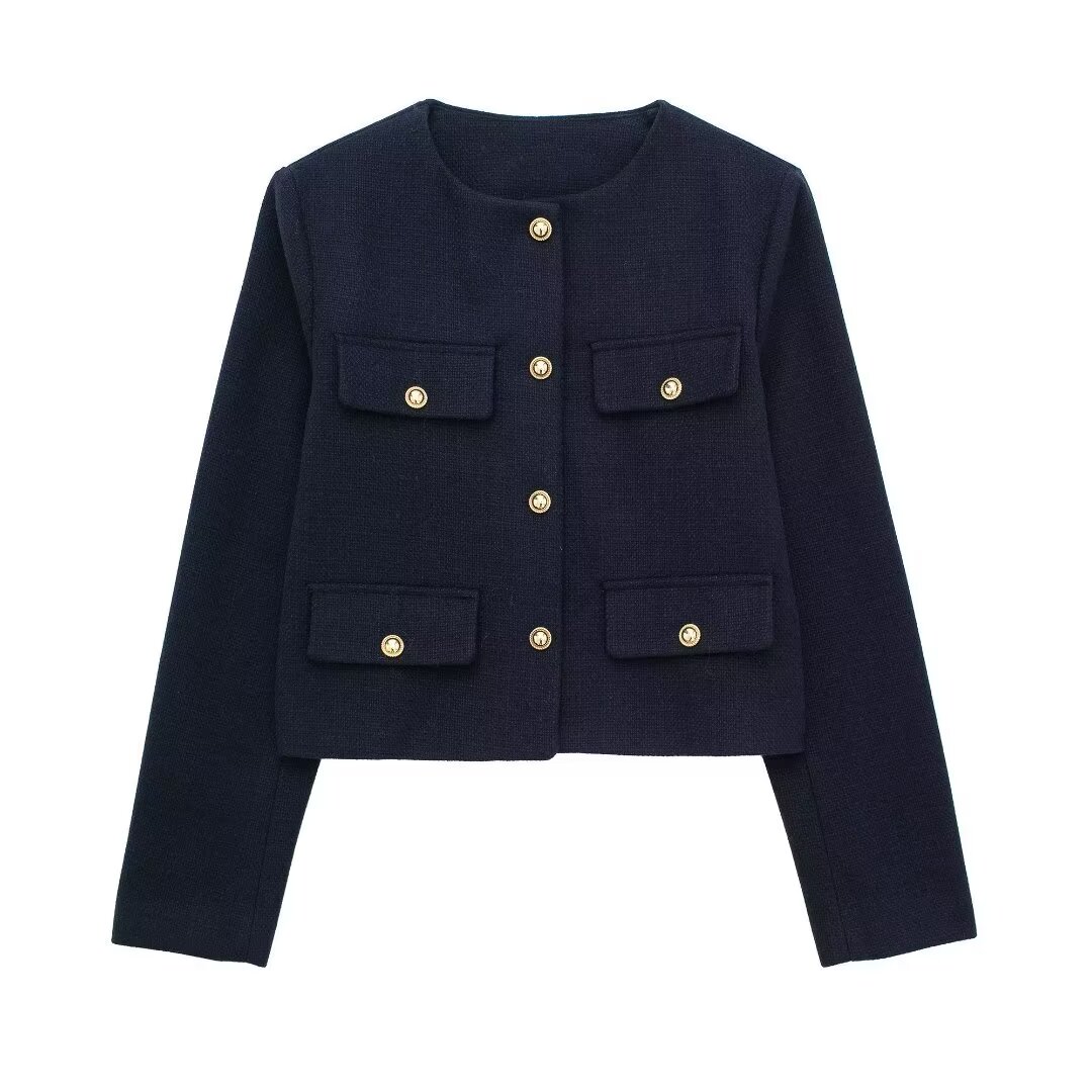 TRAFZA Giacca corta elegante da donna 2024 Giacca moda da donna O-Collo a maniche lunghe con tasca ribalta Cappotto femminile Casual Outwear Top: M / Oro
