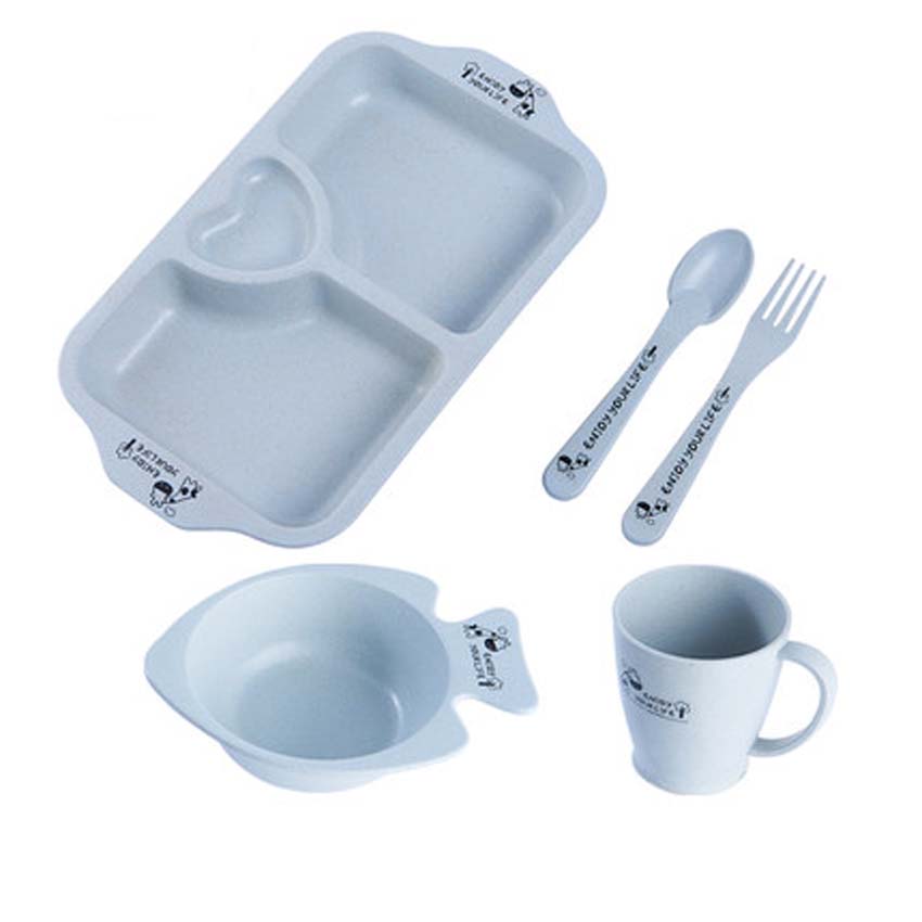 5Pcs Child Tableware Wheat Straw Sange Snack Tray with Spoon Fork Cup Skid Platter Tableware Baby Eating Supplies Beautiful Tray: Blue Heart 3Grid Set