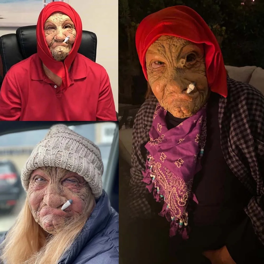 Lustige rauchende Oma alte Nana-Latexmaske Lady Grandma mit faltigem Gesicht und roten Schalmasken Halloween-Party-Kostüm-Requisiten