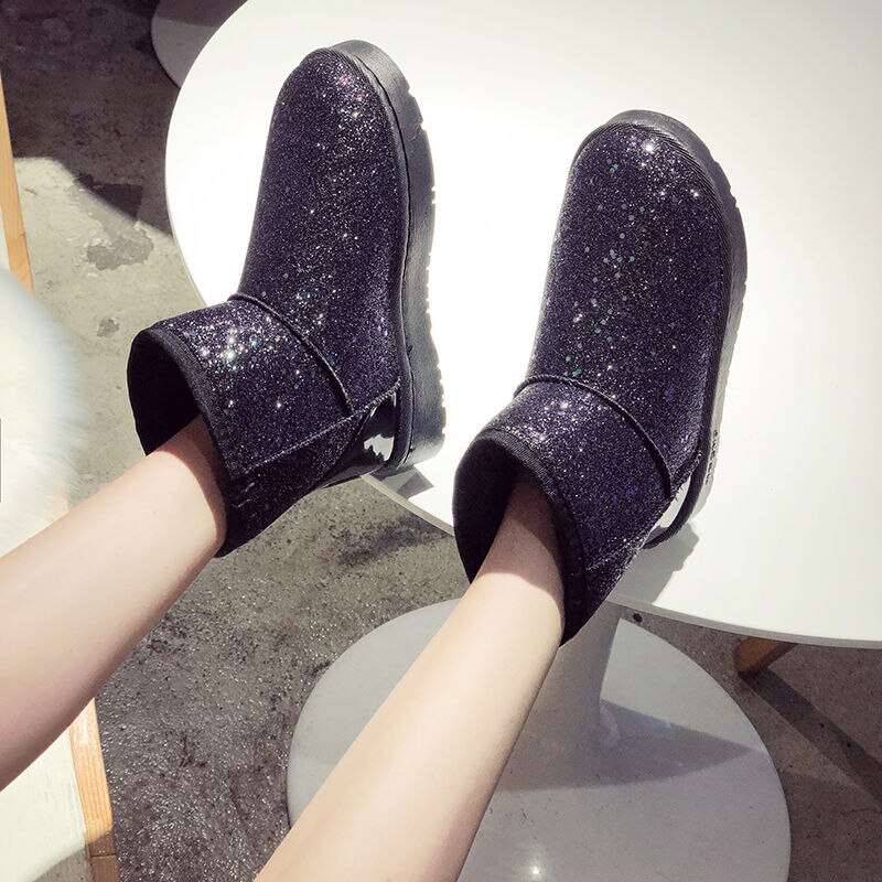 Femmes paillettes neige bottes courte en peluche femme doux dames bottine hiver fourrure Bling plate-forme femme chaussures décontractées: Black / 39