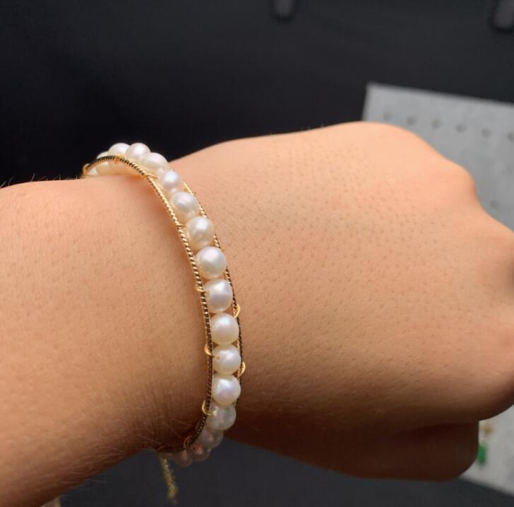 14K Gold Wrapped Handgemaakte Bangle Zoetwater Parel Hand Rij Bangle Krijgen Een Neus Strip Gratis
