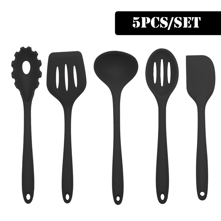 Svart matlagningsredskap set i silikon med non-stick bakredskap köksutrustning slitsad vändare spatel sked mattång kökssats: 5 st set