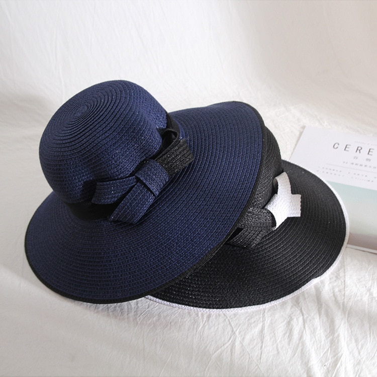 Bowknot sort hvid strå solhat dame sommer strand solskærms hatte oversize bred skygge hatte til kvinder