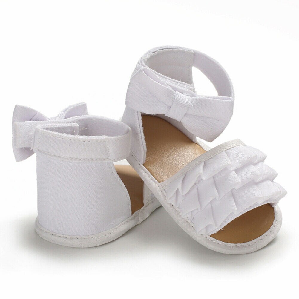 Cute Summer Baby Girls Sandals Ruffle Solid Casual Canvas Toddler Baby Girls Soft Crib Bow Shoes Princess Shoes Clogs: White / 0-6 Months