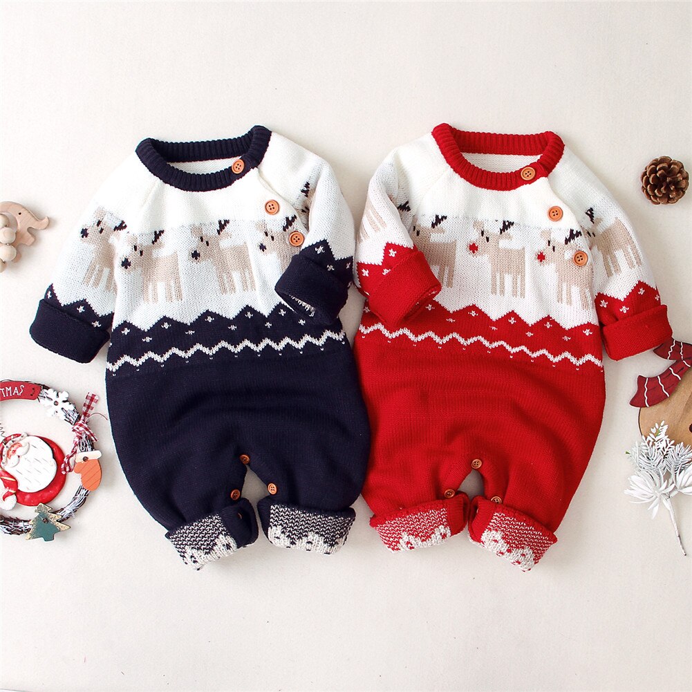 FOCUSNORM Infant Baby Girls Boys Christmas Romper Long Sleeve Elk Pattern Printed Knit Warm Jumpsuit