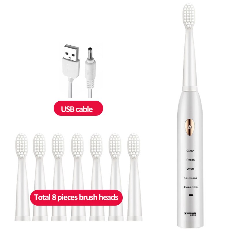 Cepillo de dientes eléctrico para adultos, recargable, 4 y 8 cabezales, boquilla Oral, sonido Dental: White 8heads