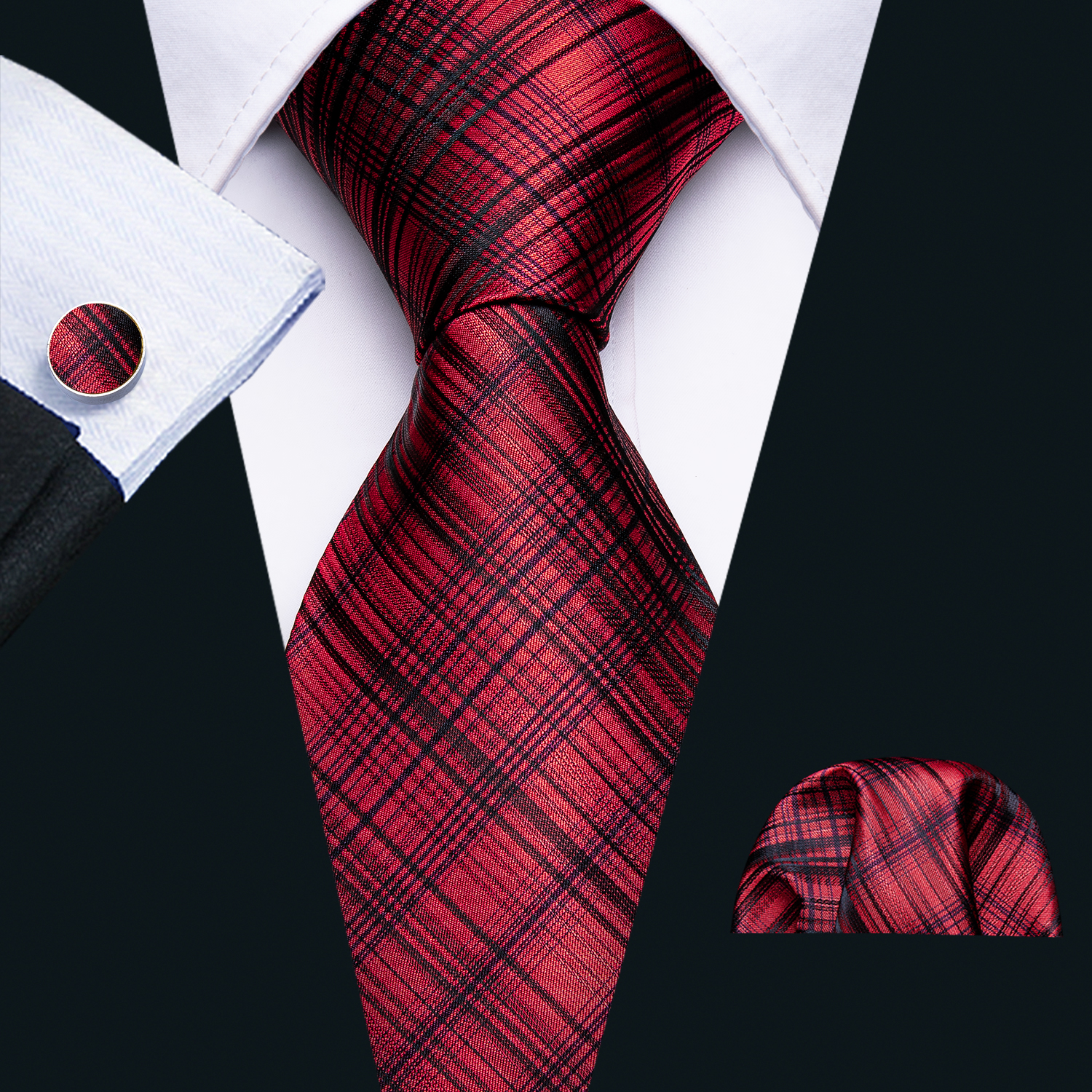 Corbatas de seda rojas y azules para hombre, conjunto de gemelos cuadrados de bolsillo de Cachemira Jacquard, a la , para novio, boda, , negocios, Barry.Wang, novedad: Gris oscuro